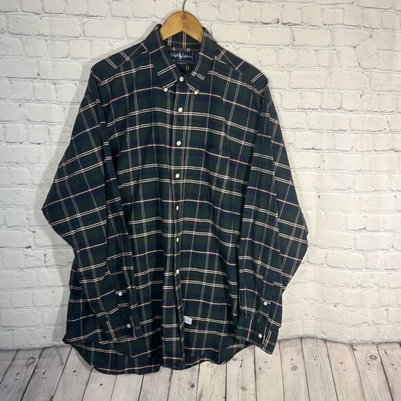 Ralph Lauren The Big Shirt Mens XL Green Plaid Cotton Long Sleeve Blue Pony - Picture 1 of 6